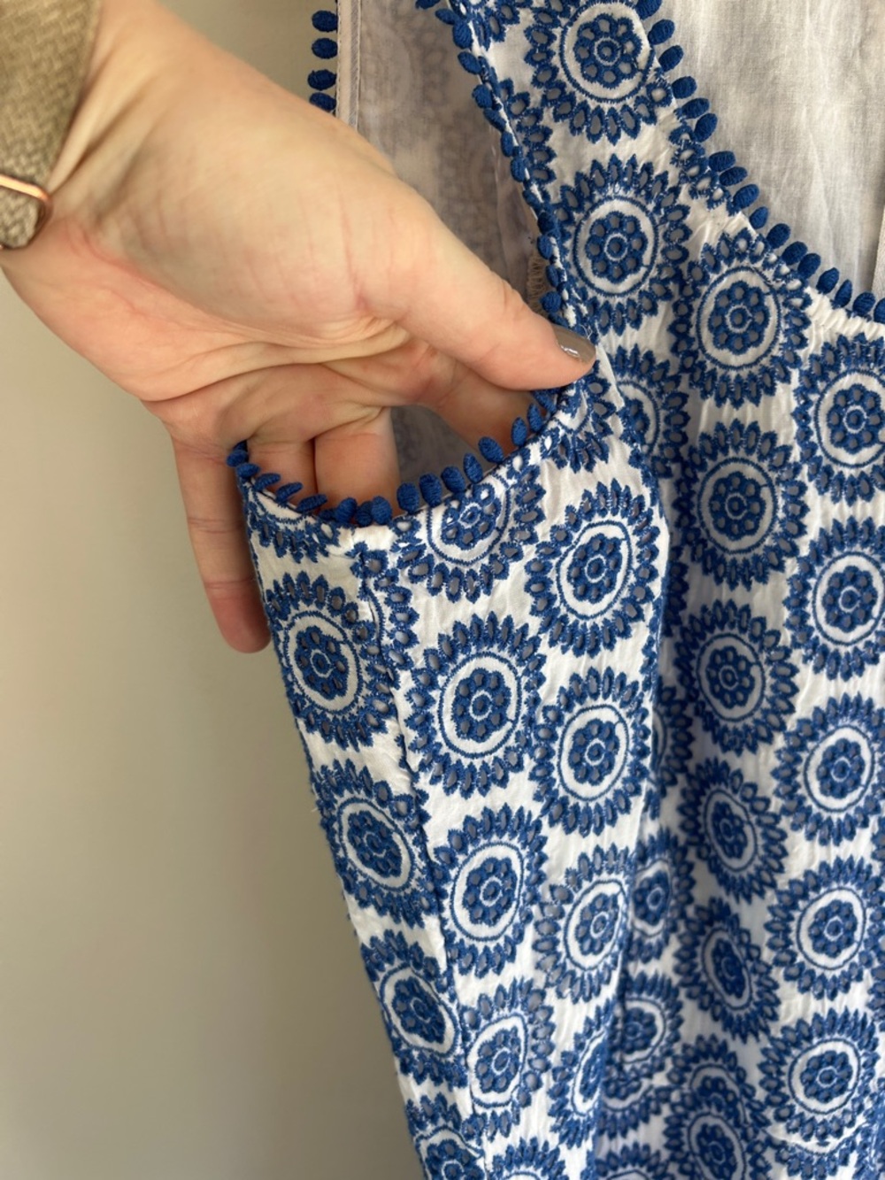 DRAPER JAMES Eyelet Tiered Tank Midi Dress Sea Blue Belted Feminine Cottage Sz 8 - Picture 5 of 14